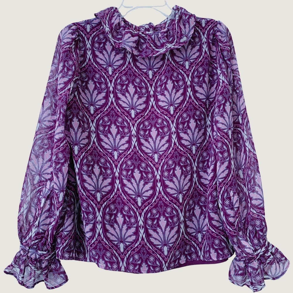 Talbots Blouse Women L Purple Floral Ruffle Neck Long Sleeve Button Front Top - Picture 3 of 10